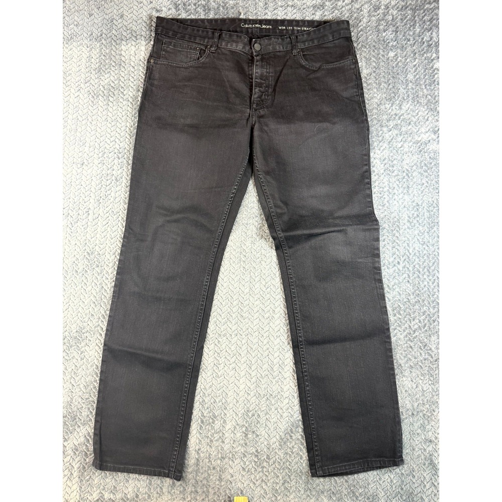 Calvin Klein Slim Straight Jeans Mens 38x32 Black Denim Cotton Zip Fly Outdoor